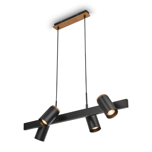 BRILONER - Pendelleuchte mit Spotköpfen, schwenkbar, 4x GU10 Fassung, Deckenlampe, Deckenleuchte, Hängelampe Esstisch, Küchenlampe hängend, Esszimmerlampe, 80x24,9x120 cm, Schwarz-Holz von BRILONER