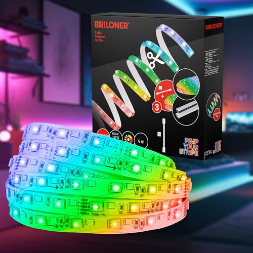 BRILONER - Pimp your Stripe Erweiterungsset 4m LED Strip, bunte RGB Farben, Warmweiß, Dimmbar, Farbprogramme, Kürzbar, Selbstklebend, LED Streifen, LED Lichtleiste, Zimmer Deko, Gaming Deko von BRILONER