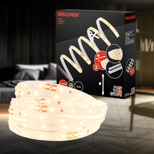 BRILONER – LED Stripe Erweiterungsset 4m LED Strip warmweiß mit Verbindern, On/Off, Kürzbar, Selbstklebend, Streifen, Lichtleiste, Zimmer Deko, Gaming Deko, Lichtband, Weiß von BRILONER