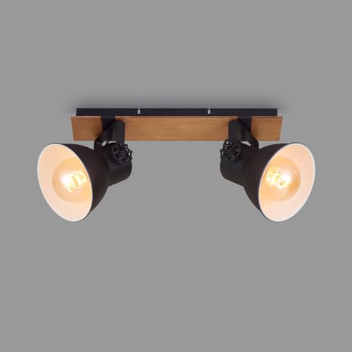 Briloner Leuchten Deckenlampe retro mit Holzbalken, 2-flammige Deckenleuchte vintage, E27 Fassung max. 40 Watt, verstellbare Lampenschirme, rustikaler Deckenspot, Schwarz-Weiß-Holz, 1 Stück (1er Pack) von BRILONER