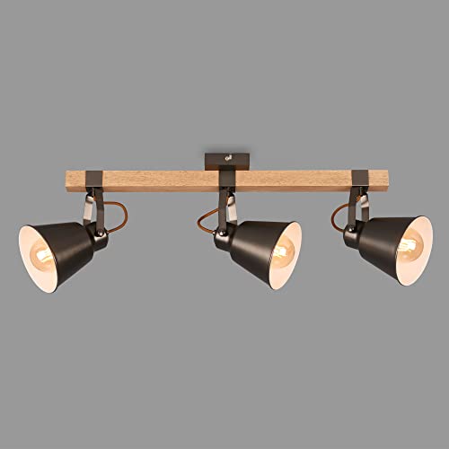 BRILONER Leuchten – Deckenlampe retro mit Holzbalken, 3-flammige Deckenleuchte vintage, E27 Fassung max. 40 Watt, verstellbare Lampenschirme, rustikaler Deckenspot 2406-034 Antik-grau von BRILONER