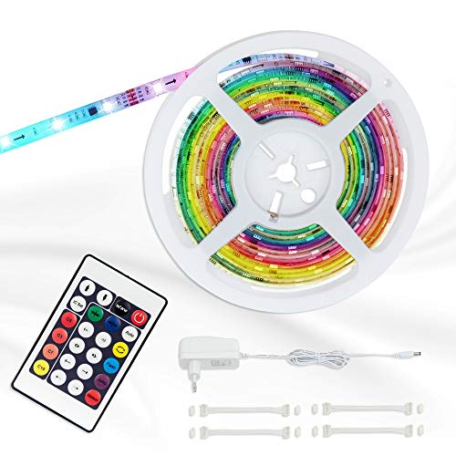 Briloner Leuchten - Digitales LED Band 5 m, inklusive Fernbedienung, LED Strip selbstklebend, 150 x RGB, Streifen dimmbar, 24 Watt, Länge: 5 m, Weiß von BRILONER