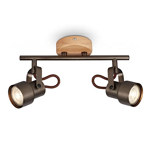 BRILONER Leuchten LED Deckenlampe retro mit Holz, 2-flammige Deckenleuchte vintage, warmweiße Farbtemperatur, verstellbarer LED Spot, rustikaler Deckenspot 2872-025 Antik-grau von BRILONER