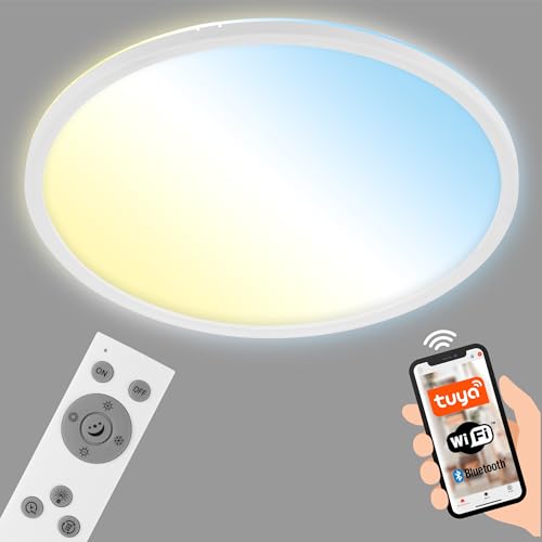 BRILONER - LED Deckenlampe flach Smart Home, funktioniert mit Alexa, Fernbedienung, LED Lampe, LED Deckenleuchte, Wohnzimmerlampe, LED Panel, Schlafzimmerlampe, Flurlampe, 42x2,5 cm, Weiß von Briloner Leuchten