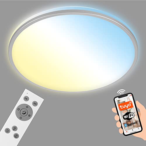 BRILONER - LED Deckenlampe flach Smart Home, funktioniert mit Alexa, Fernbedienung, LED Lampe, LED Deckenleuchte, Wohnzimmerlampe, LED Panel, Schlafzimmerlampe, 33,3x6,2 cm, Chrom-Matt von BRILONER