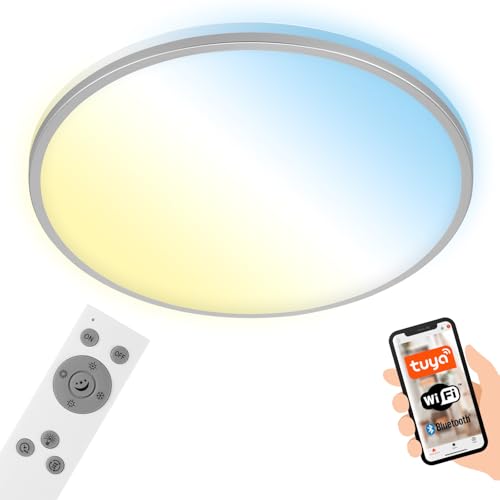 BRILONER - LED Deckenlampe flach Smart Home, funktioniert mit Alexa, Fernbedienung, LED Lampe, LED Deckenleuchte, Wohnzimmerlampe, LED Panel, Schlafzimmerlampe, 49x7,7 cm, Chrom-Matt von BRILONER