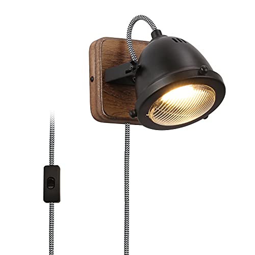 Led Vintage Dekorative Wandleuchte Plug-in Kabel mit Schalter und Gu10 Glühbirne, Industrielle Bauernhaus Schlafzimmer Wohnzimmer Beleuchtung, Antik Retro Schatten Schnur Holz Metall Wandleuchte Licht von BRILUCE