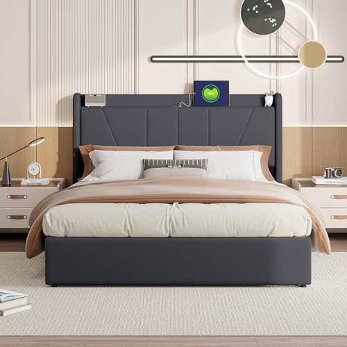 BRILVERDE Doppelbett 160x200 cm mit Stauraum und Lattenrost,Kopfteil mit 2 USB 1 Typ-C Ladefunktion,Hydraulisch Stauraumbett,Leinen,Grau (Grau, 160x200 cm) von BRILVERDE