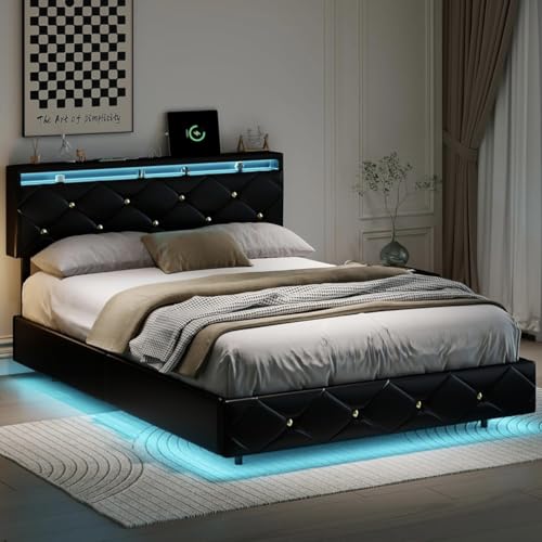 BRILVERDE Gepolstertes Bett, 140 x 200 cm, modernes schwimmendes Bett, LED-Doppelbett mit USB, funktional mit Kopfteil, Bettgestell mit Lattenrost, PU (Schwarz, 140 x 200 cm) von BRILVERDE