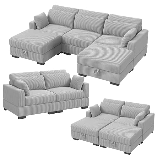 BRILVERDE Modulares Sofa, Einzelsofa, Schlafsofa mit Bettkasten, Eckcouch mit Schlaffunktion, L Förmiges Sofa Aus Cordstoff mit Kissen und Ottomane, Moderne Schlafcouch für Wohnzimmer(1er, Grau) von BRILVERDE