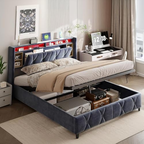 BRILVERDE Metallbett140x200 mit LED, Stauraumbett mit 4 Schubladen, Doppelbett mit Stauraum Kopfteil, Jugendbett mit Lattenrost, Industriebettgestell, PU, Ohne Matratze (Grau, 140 x 200 cm) von BRILVERDE