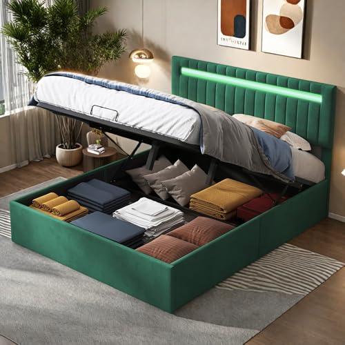 BRILVERDE Polsterbett 140x200 cm, Doppelbett mit LED-Beleuchtung, Hydraulisch Stauraumbett mit Bettkasten, Jugendbett mit kopfteil und Lattenrost, Bettrahmen für Erwachsene, Samt, Grün (140 x 200 cm) BRILVERDE Polsterbett 140x200 cm, Doppelbett mit LED-Beleuchtung, Hydraulisch Stauraumbett mit Bettkasten, Jugendbett mit kopfteil und Lattenrost, Bettrahmen für Erwachsene, Samt, Grün (140 x 200 cm) von BRILVERDE