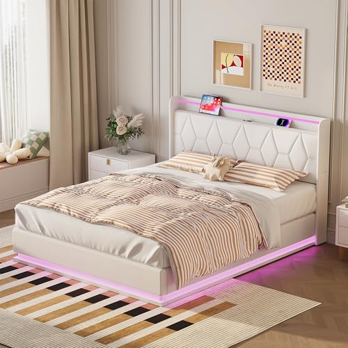 BRILVERDE Polsterbett 140x200 mit Stauraum, Doppelbett mit USB und LED, Hydraulikbett mit Kopfteil, Bettgestell mit Lattenrost, Samt (Beige, 140 x 200 cm) von BRILVERDE