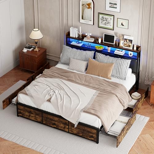 Polsterbett 160x200 cm, Doppelbett mit LED-Licht, Stauraumbett mit 4 Schubladen, Metallbett mit Stauraum Kopfteil, Jugendbett mit Lattenrost, Industriebettgestell, PU, Schwarz, Ohne Matratze von BRILVERDE