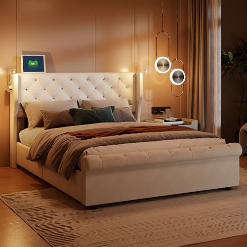 BRILVERDE Polsterbett 160x200 cm Doppelbett mit LED-Leseleuchte und USB, Hydraulisch Stauraumbett, Jugendbett mit kopfteil, Bettgestell mit Lattenrost, Bettrahmen, Samt (Beige, 160 x 200 cm) von BRILVERDE