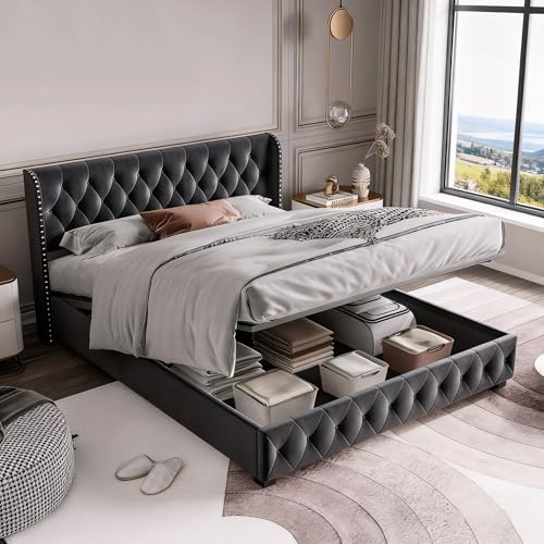 BRILVERDE Polsterbett 180x200 mit Hydraulikbehälter, Doppelbett mit gepolstertem Kopfteil, Lattenrost und Struktur, für Erwachsene, Samt (Grau, 180 x 200 cm) von BRILVERDE