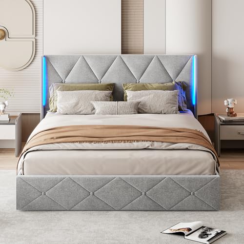 BRILVERDE Doppelbett Polsterbett 160x200cm,mit Stauraum,LED-Kopfteil,Hydraulisch Stauraumbett mit Lattenrost,Jugendbett,Samt,Grau von BRILVERDE