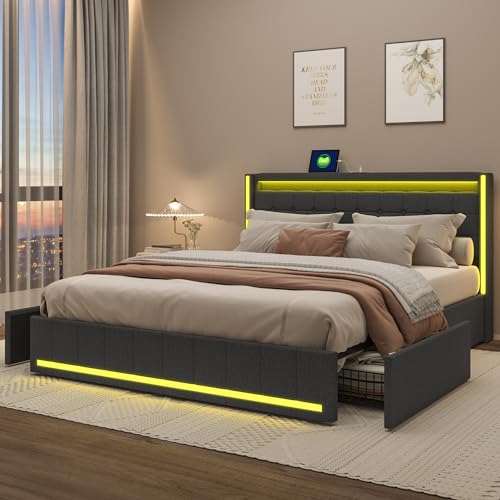 BRILVERDE Polsterbett Doppelbett 140x200cm mit stauraum,Stauraumbett mit 4 schubladen,LEDbett kopfteil mit USB-Ladefunktion,Leinen (Dunkelgrau, 140x200) von BRILVERDE
