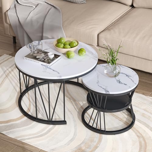 BRILVERDE Runder Couchtisch 2er Set, Nesting Wohnzimmertisch, Sofatisch mit Metallgestell, Schlafzimmer Balkon Beistelltisch modern, Kaffeetisch mit Stauraum (Weiß+Schwarz, 70 x 45 cm) von BRILVERDE