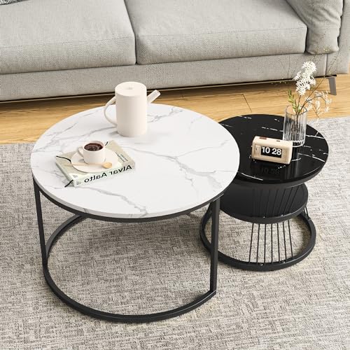 BRILVERDE Runder Couchtisch 2er Set, Nesting Wohnzimmertisch, Sofatisch mit Metallgestell, Schlafzimmer Balkon Beistelltisch modern, Kaffeetisch mit Stauraum (Weiß+Schwarz, 70 x 45.5 cm) von BRILVERDE