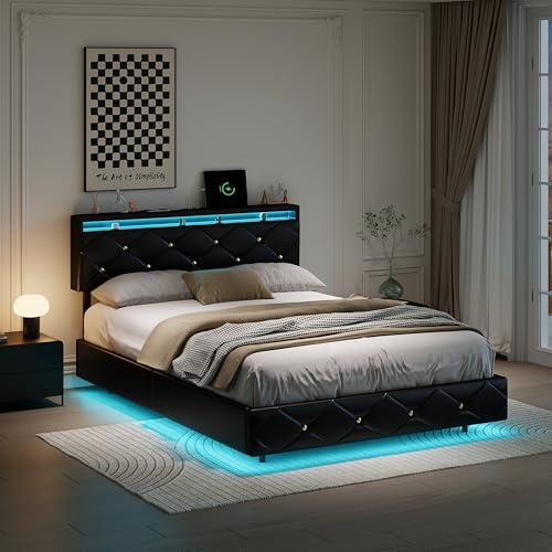 BRILVERDE Schwimmendes Bett 140 x 200 cm,mit LED-Beleuchtung und USB,Doppelbett mit verstellbarem Kopfteil und Lattenrost,PU,Schwarz (140x200 cm) von BRILVERDE