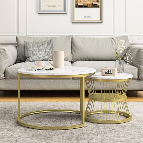 Nesting Couchtisch 2er Set, Stapelbarer Couchtisch mit Golden Metallgestell, Runder Beistelltisch, Moderner Kaffeetisch mit Stauraum, Kaffeetisch für Wohnzimmer, Schlafzimmer, Balkon (Weiß + Gold) von BRILVERDE