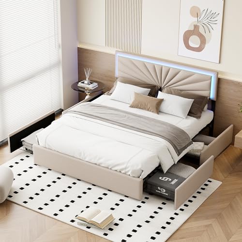 Polsterbett 160x200 cm Doppelbett mit 4 Schubladen, Jugendbett mit LED-kopfteil, Bettgestell mit Lattenrost, Stauraumbett, Leinen (Beige, 160 x 200 cm) von BRILVERDE