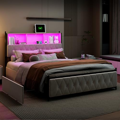Polsterbett 180x200 cm Doppelbett mit LED und USB, Jugendbett mit Stauraum-Kopfteil Stauraumbett mit 4 Schubladen, Bettgestell mit Lattenrost, Samt (Beige, 180 x 200 cm) von BRILVERDE