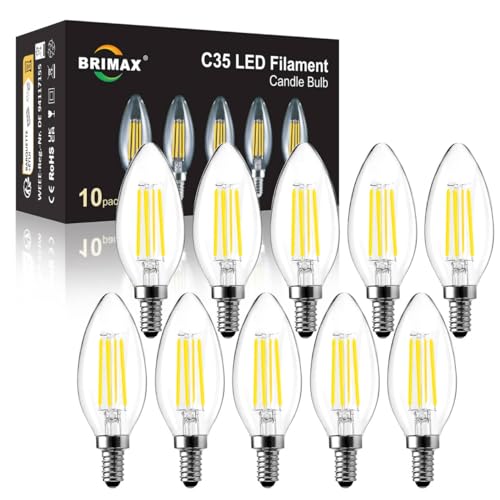 BRIMAX LED 10 Stück 5000K Kaltweiss Kerzen Glühbirnen, Dimmbar, E14 Fassung, 4W ersetzt 40 Watt, 400 Lumen, AC220-240V, Glas Klar Edison Fadenlampe C35 für Kronleuchter Tischlampen Wandlampen von BRIMAX