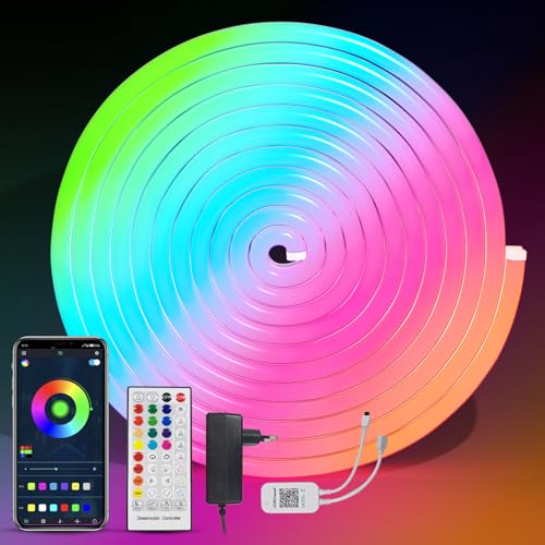 BRIMAX RGBIC LED Streifen Neon 10M App-Steuerung und Fernbedienung Mit 24V 2.5A Netzstecker 840 Leds DIY-Schneiderei Hochflexibel LED Strip IP67 Wasserdicht Musik-Modus für Räume, Partys, Geschäfte von BRIMAX
