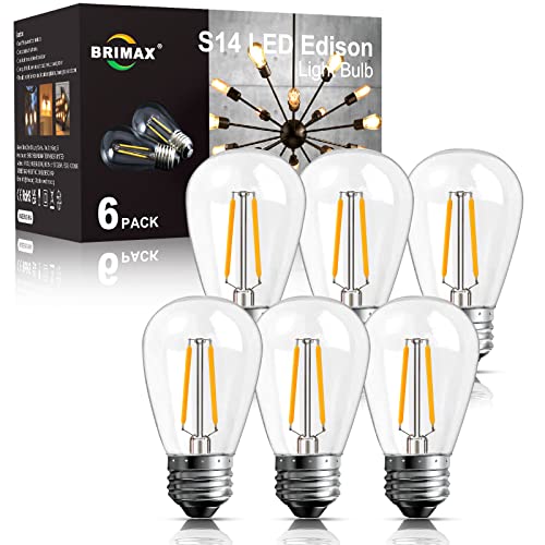 BRIMAX E27 Led Warmweiss S14 2W=20W 180lM Birnen Filamentstil Glühbirne E27 2700K Warmweiß Klar Glas LED lampe Ersatzlampen für Lichterkette, Kronleuchter, Nachttischlampe, 6er-Set nicht dimmbar von BRIMAX