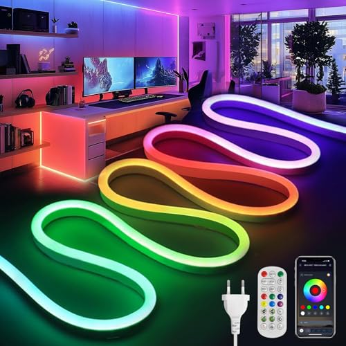 BRIMETI 5M Neon LED Strip, RGBIC Neon LED Streifen, 230V APP und Fernbedienung, Musik Sync,Flexibel Wasserdicht IP65 Schlafzimmer Zuhause (Mit Netzteil) von BRIMETI