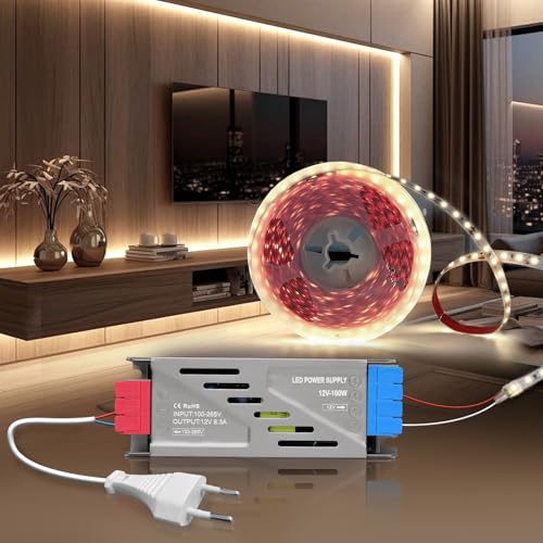 BRIMETI 12V LED Streifen Selbstklebend Strip 5M Neutralweiß 4000K 600LEDs 8mm Breite, Flexibel Band Licht DIY Leiste, mit LED Netzteil 12V 100W und Netzkabel mit Stecker, für TV, Schlafzimmer von BRIMETI