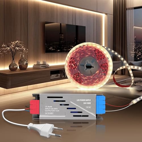 BRIMETI 24V LED Streifen Selbstklebend Strip 5M Neutralweiß 4000K 600LEDs 8mm Breite, Flexibel Band Licht DIY Leiste, mit LED Netzteil 24V 100W und Netzkabel mit Stecker, für TV, Schlafzimmer BRIMETI 24V LED Streifen Selbstklebend Strip 5M Neutralweiß 4000K 600LEDs 8mm Breite, Flexibel Band Licht DIY Leiste, mit LED Netzteil 24V 100W und Netzkabel mit Stecker, für TV, Schlafzimmer von BRIMETI