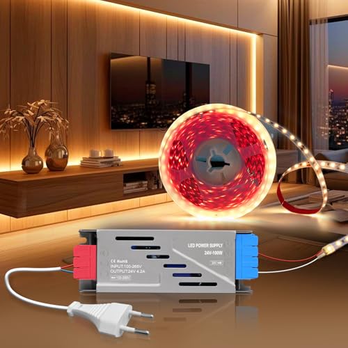 BRIMETI 24V LED Streifen Selbstklebend Strip 5M Warmweiss 3000K 600LEDs 8mm Breite, Flexibel Band Licht DIY Leiste, mit LED Netzteil 24V 100W und Netzkabel mit Stecker, für TV, Schlafzimmer von BRIMETI