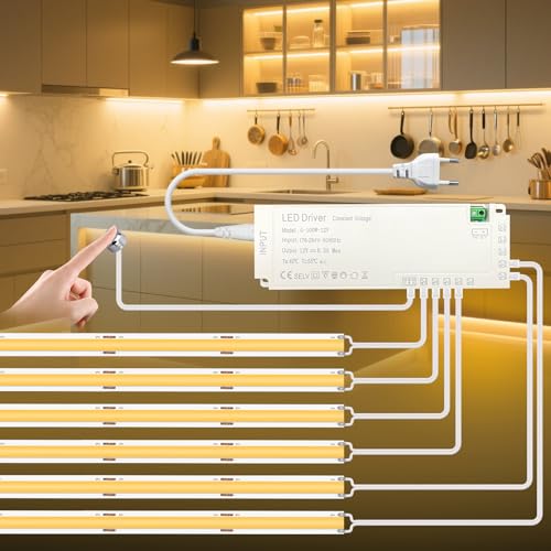 BRIMETI COB LED Streifen 12V Strip 6 Rollen 1M Warmweiss 3000K Mit Touch Dimmer Switch Lichterkette Selbstklebend, für Schrank Vitrinen Küchenschränke Living Room Cabinets Küche Cupboard Display von BRIMETI