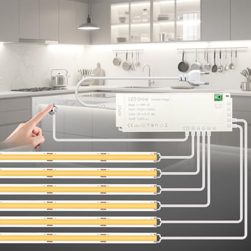 BRIMETI COB LED Streifen 12V Strip 6 Rollen 1M Weiß 6000K Mit Touch Dimmer Switch Lichterkette Selbstklebend, für Schrank Vitrinen Küchenschränke Living Room Cabinets Küche Cupboard Display von BRIMETI