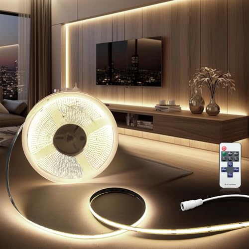 BRIMETI COB LED Streifen 24V, COB LED Strip 5M Neutralweiß 4000K Dimmbar 384LEDs/m mit RF Fernbedienung 8mm Breite, CRI90+ Flexibel LED Band licht für TV, Schlafzimmer Led Beleuchtung (ohne Netzteil) von BRIMETI