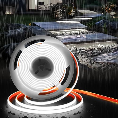 BRIMETI COB LED Streifen 24V, Selbstklebend COB LED Strip 5M Wasserdicht IP68 Weiß 6000K 320LEDs/m 10mm Breite,Flexibel Silikon LED Band licht für TV, Schlafzimmer Led Beleuchtung (ohne Netzteil) von BRIMETI