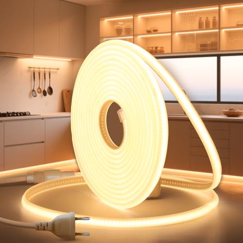 BRIMETI LED Streifen Strip 230V Direktanschluss COB Streifenlicht Aussen 2M Neon Lichterschlauch LED Schlauch Aussenbereich Wasserdicht IP65 Warmweiß 3000K Leiste 320LEDS/M Band Outdoor Mit Stecker von BRIMETI