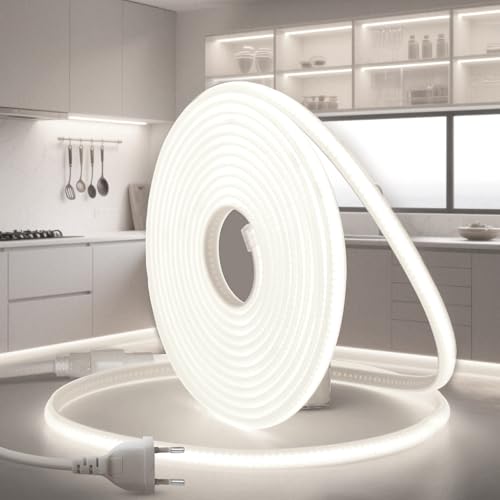 BRIMETI COB LED Streifen 5M 230V Neon Strip IP65 Wasserdicht Weiß 6000K Außenbereich 320LEDS/M mit Netzteil und Stecker Flexibel DIY LED Streifen für Beleuchtung Innen und Küche Garten Deko von BRIMETI