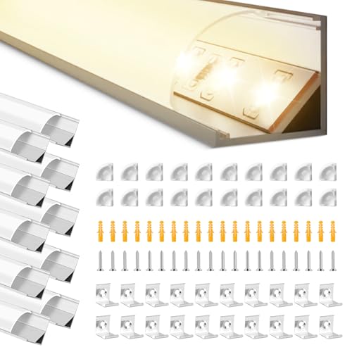 BRIMETI LED Profil Aluminium für LED Strip Streifen 10mm Breite, 10x 1M V-Form Kanal Schiene Eckprofil Aluminiumprofil Leisten, mit Milchiger Weiß Abdeckung Endkappen und Montageklammer von BRIMETI