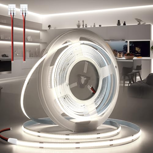 BRIMETI LED Streifen 12V 5M LED Strip COB Selbstklebend Weiß 6000K 8mm Breite 320LEDs/M, Flexibel IP20 Licht Band Leiste Mit Verbinder DIY, für TV, Beleuchtung Schlafzimmer (ohne Netzteil) von BRIMETI