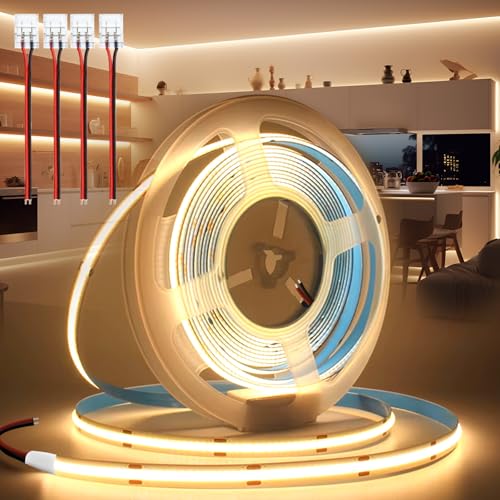 BRIMETI LED Streifen 24V 10M LED Strip COB Selbstklebend Warmweiss 3000K 8mm Breite 320LEDs/M, Flexibel IP20 Licht Band Leiste Mit Verbinder DIY, für TV, Beleuchtung Schlafzimmer (ohne Netzteil) von BRIMETI