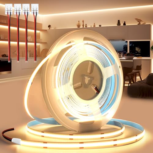 BRIMETI LED Streifen 24V 10M LED Strip COB Selbstklebend Warmweiss 3000K 8mm Breite 320LEDs/M, Flexibel IP20 Licht Band Leiste Mit Verbinder DIY, für TV, Beleuchtung Schlafzimmer (ohne Netzteil) von BRIMETI