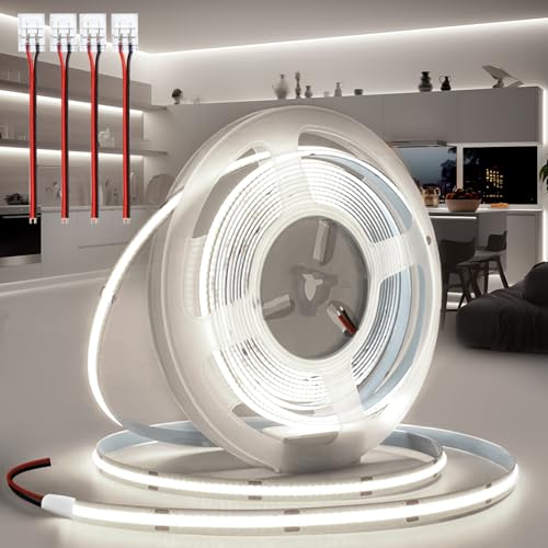 BRIMETI LED Streifen 24V 10M LED Strip COB Selbstklebend Weiß 6000K 8mm Breite 320LEDs/M, Flexibel IP20 Licht Band Leiste Mit Verbinder DIY, für TV, Beleuchtung Schlafzimmer (ohne Netzteil) von BRIMETI