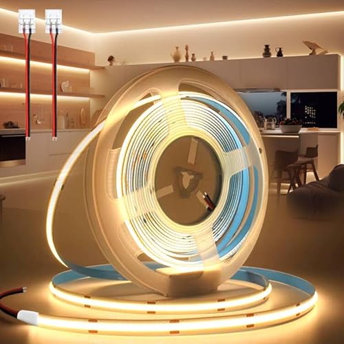 BRIMETI LED Streifen 24V 5M LED Strip COB Selbstklebend Warmweiss 3000K 8mm Breite 320LEDs/M, Flexibel IP20 Licht Band Leiste Mit Verbinder DIY, für TV, Beleuchtung Schlafzimmer (ohne Netzteil) von BRIMETI