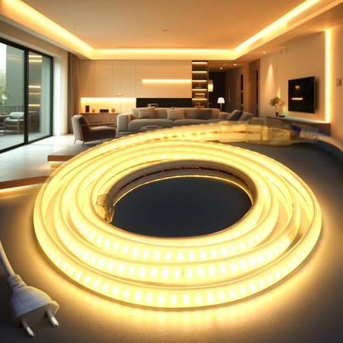 BRIMETI LED Streifen 5M 230V Neon Strip IP65 Wasserdicht Aussenbereich Warmweiß 3000K 145LEDS/M mit Netzteil und Stecker, Flexibel DIY LED Band Lichtband für Außen und Innen Wohnzimmer Küche Deko von BRIMETI