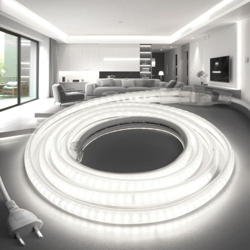 BRIMETI LED Streifen 5M 230V Neon Strip IP65 Wasserdicht Aussenbereich Weiß 6000K 145LEDS/M mit Netzteil und Stecker, Flexibel DIY LED Band Lichtband für Außen und Innen Wohnzimmer Küche Deko von BRIMETI