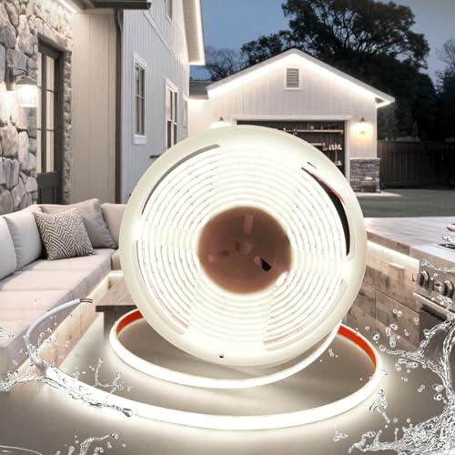 BRIMETI LED Streifen 5M Strip 12V COB Selbstklebend 5M Wasserdicht IP68 Weiß 6000K 320LEDs/m 10mm Breite,Flexibel Silikon LED Band licht für TV, Schlafzimmer Beleuchtung (ohne Netzteil) von BRIMETI